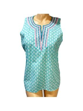 Talbots Turquoise Sleeveless Embroidered Split-Neck Tank